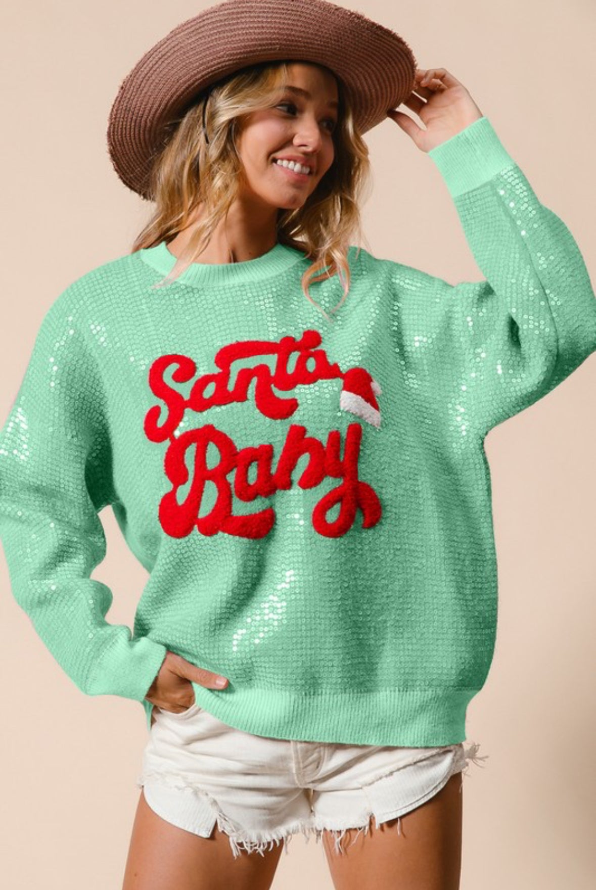 Santa Baby Sequin Sweater – Mint Holiday Edition - She Rare Boutique