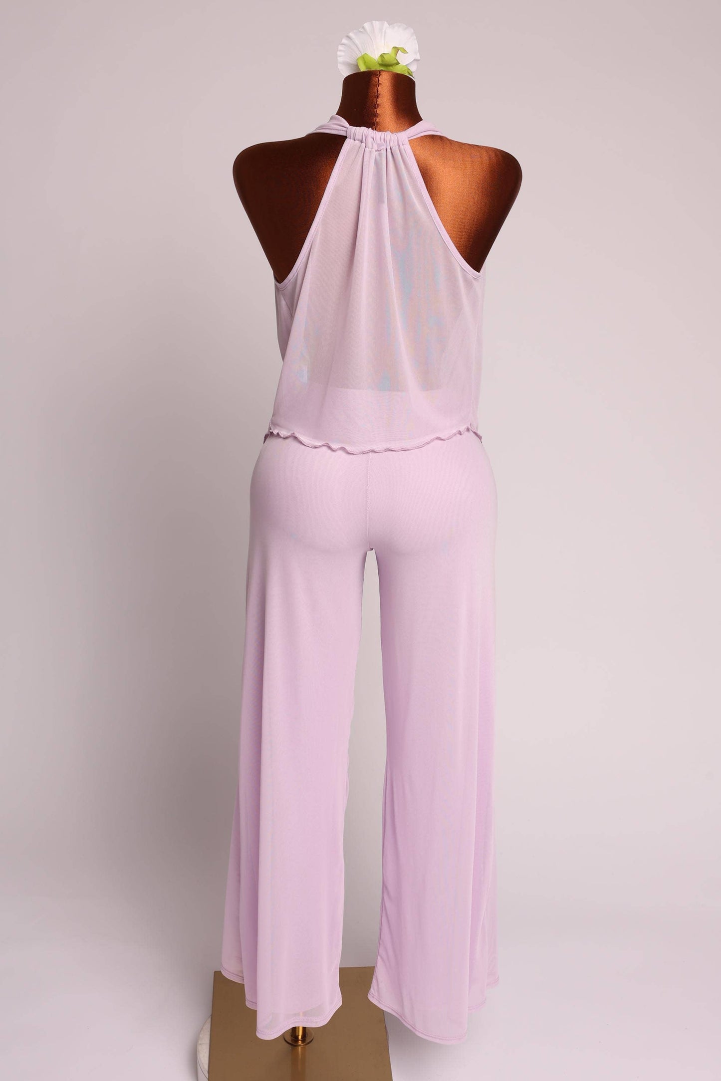 Lilac Escape Pant Set with deep cowl neckline and wide leg pants