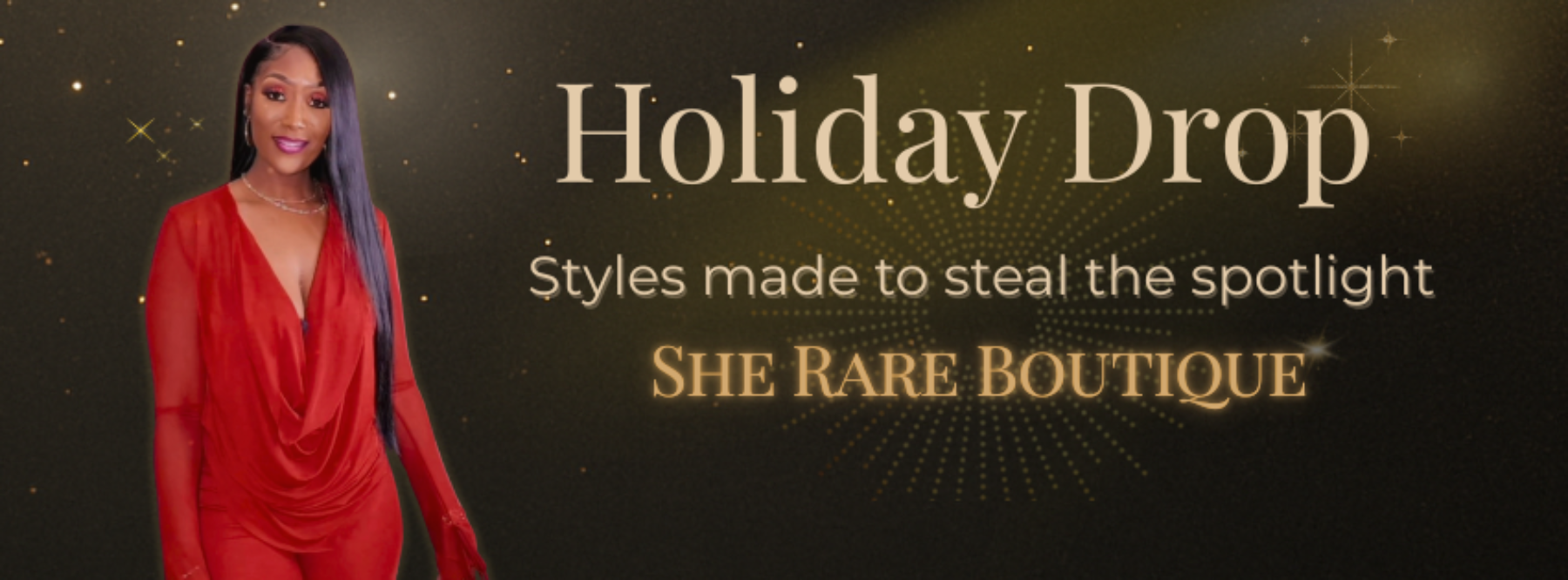 Woman in a red outfit standing next to 'Holiday Drop' text on a dark background with 'SHE RARE BOUTIQUE' branding.