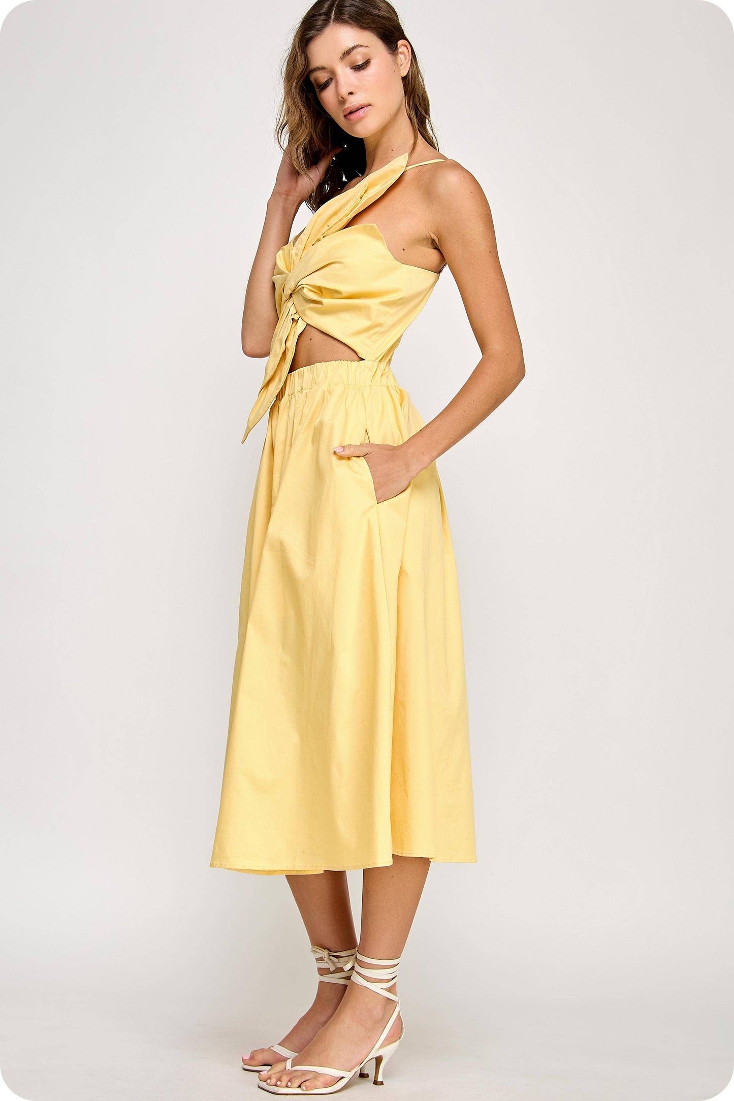 Sunny Days One-Shoulder Bow Midi Dress