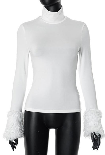 Fur Sleeve High Neck Long Sleeve