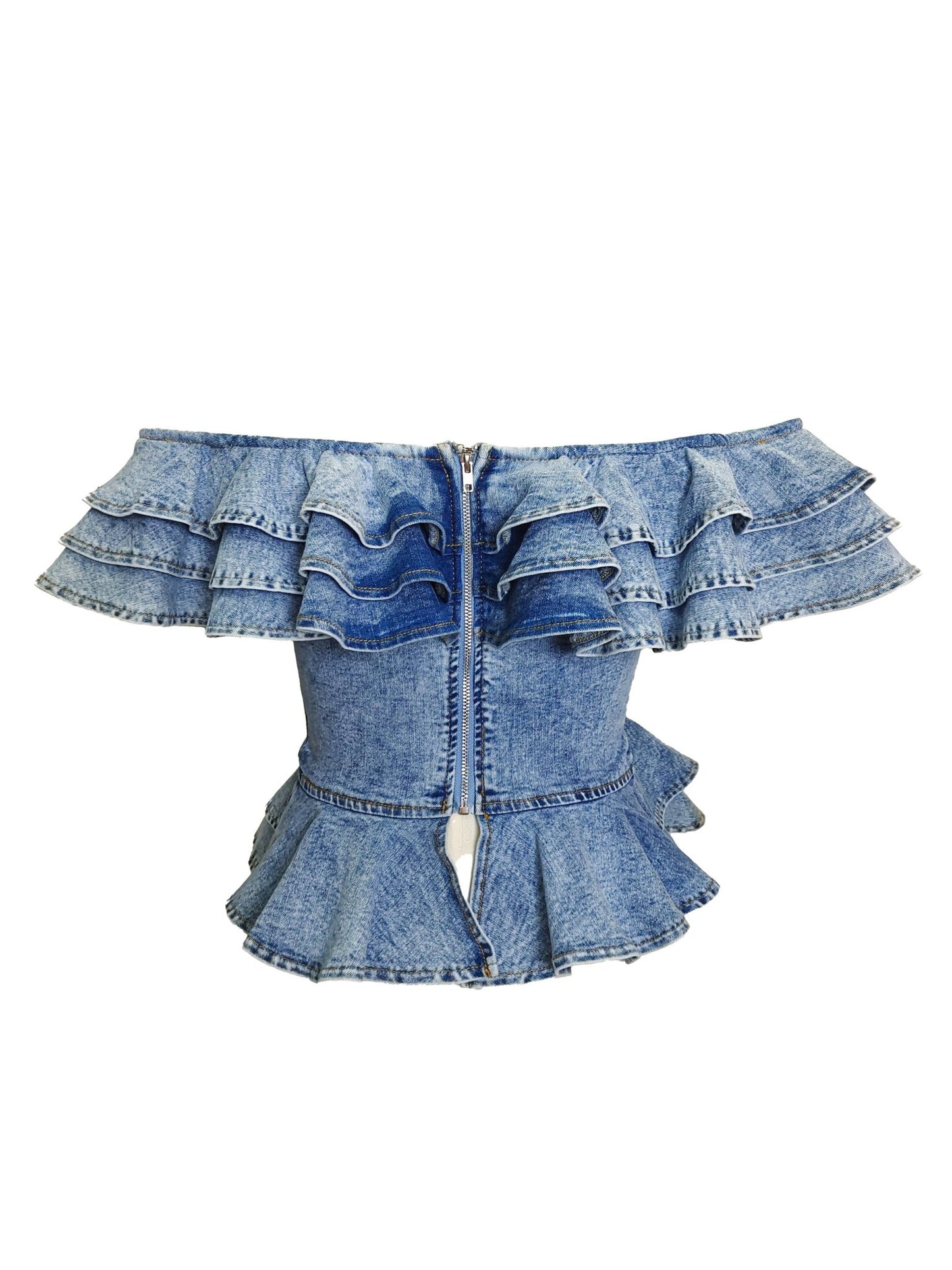 Off Shoulder Ruffle Denim Corset Top - She Rare Boutique