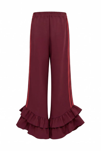 Burgundy Ruffle Two-Piece Set - ruffle hem pants, back view