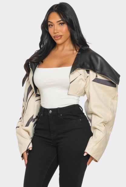 Two-Tone Puff Sleeve Bomber Jacket