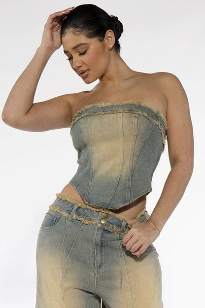 Vintage Fringed Denim Tube Top