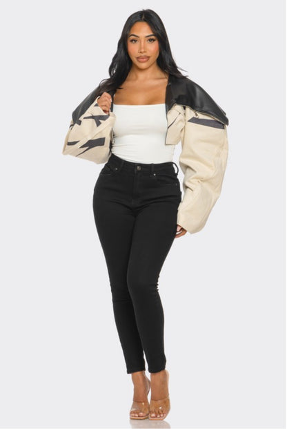 Two-Tone Puff Sleeve Bomber Jacket