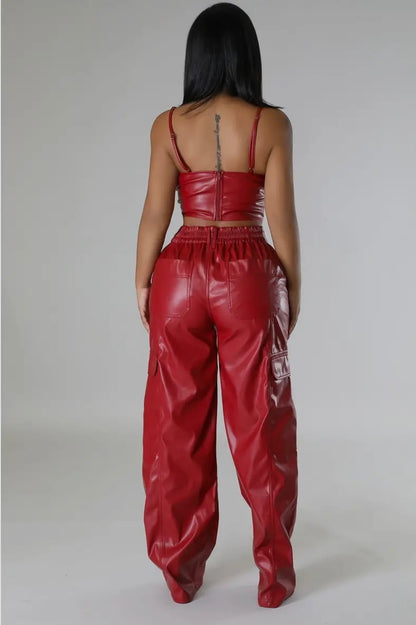 Red Hollywood Faux Leather Pants Set