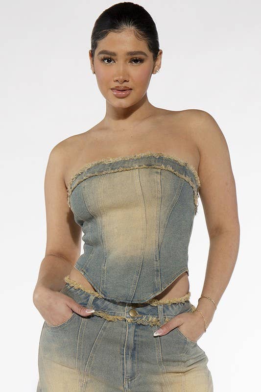 Vintage Fringed Denim Tube Top
