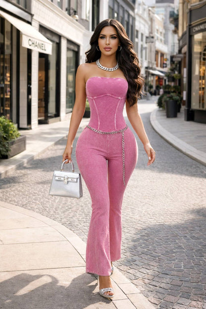 Pink Mineral Wash Chain Detail Jumpsuit - She Rare Boutique