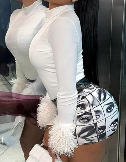 Fur Sleeve High Neck Long Sleeve