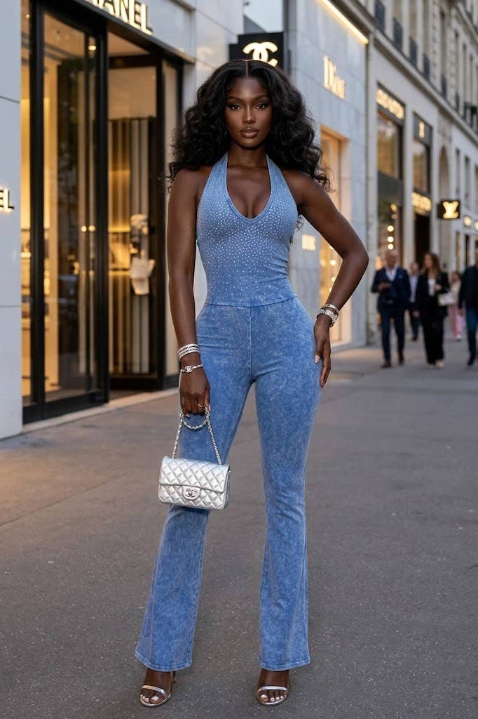Blue Mineral Wash Stud Detail Jumpsuit - She Rare Boutique