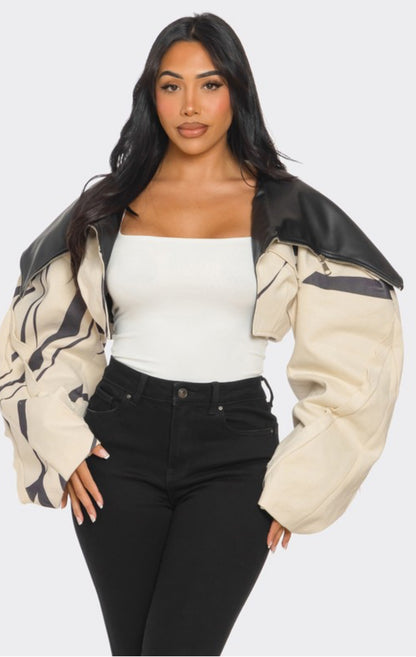 Two-Tone Puff Sleeve Bomber Jacket