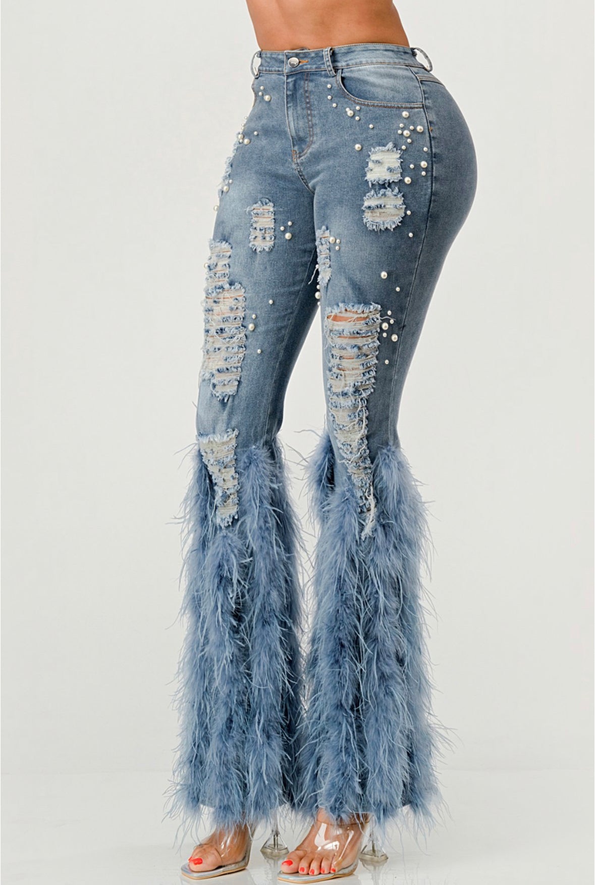 Pearl Embellished Feather Detail Jeans