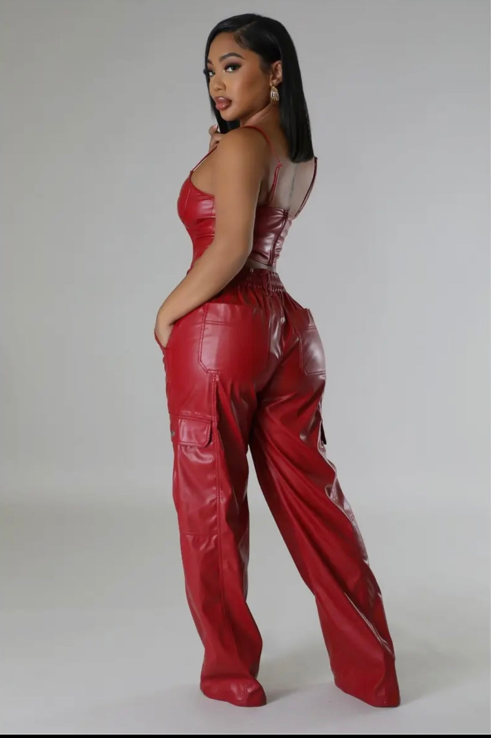 Red Hollywood Faux Leather Pants Set