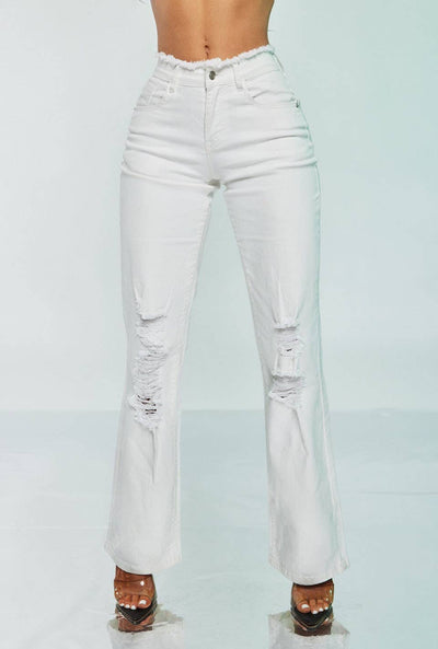 White Fringe Waist Distressed High - Rise Jeans - She Rare