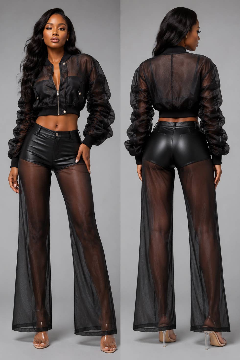 Model fit view of the sheer black organza jacket and pant set