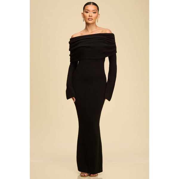 Model wearing the Noir Off-Shoulder Knit Sweater Dress in black