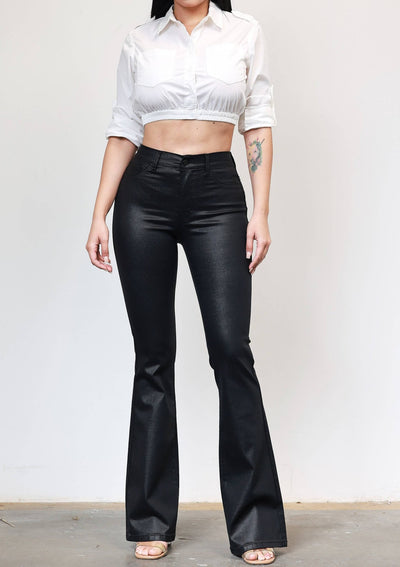 Coated Black Flare Jeans - SHE RARE