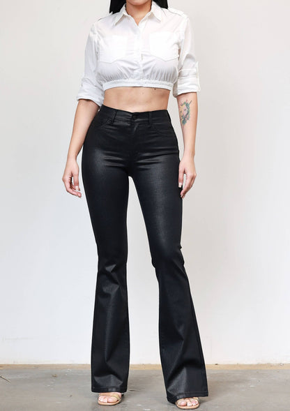 Coated Black Flare Jeans - SHE RARE