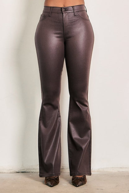 Brown Sugar Coated Boot Cut Jeans front close-up showing the high rise waist, zip fly and soft-touch coated finish