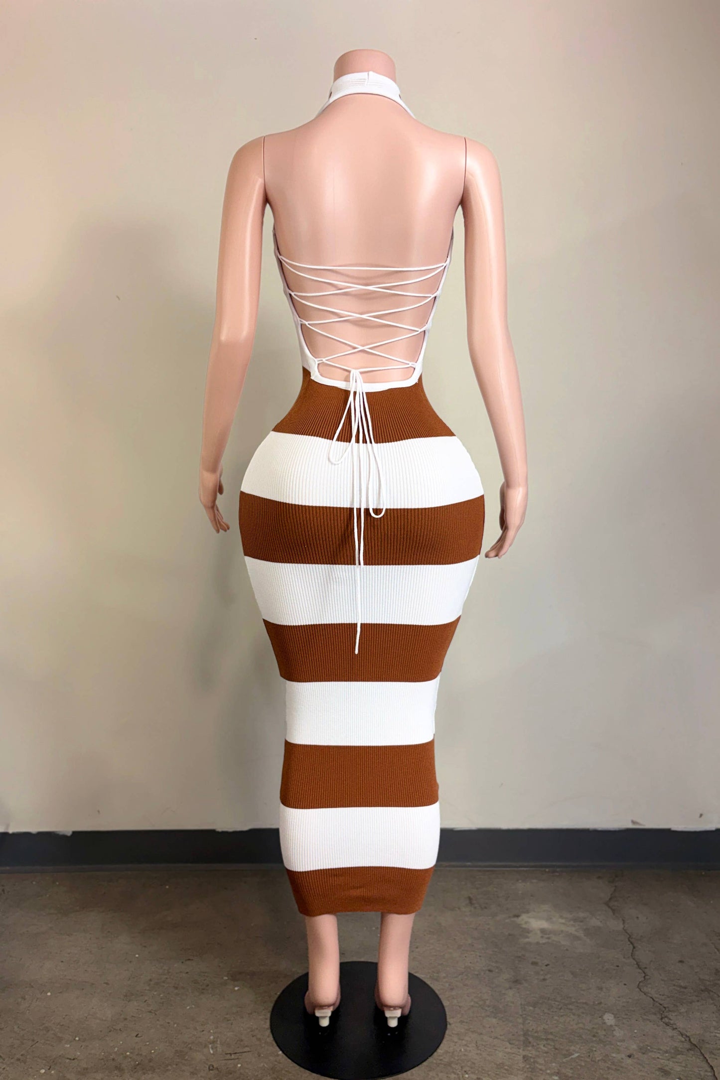 Open back striped knit maxi dress with lace-up detail