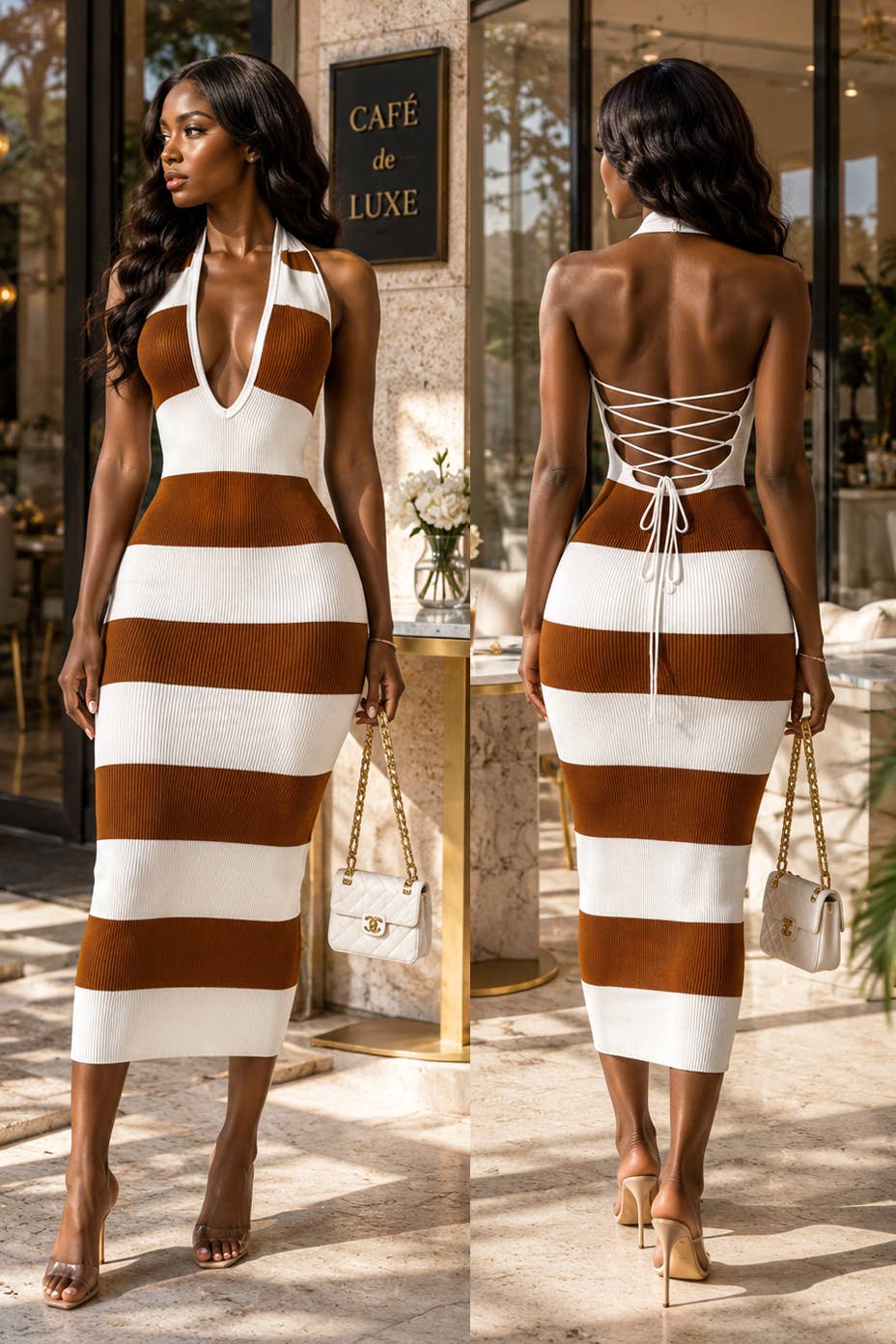 Women's brown and white rib knit maxi dress from She Rare Boutique