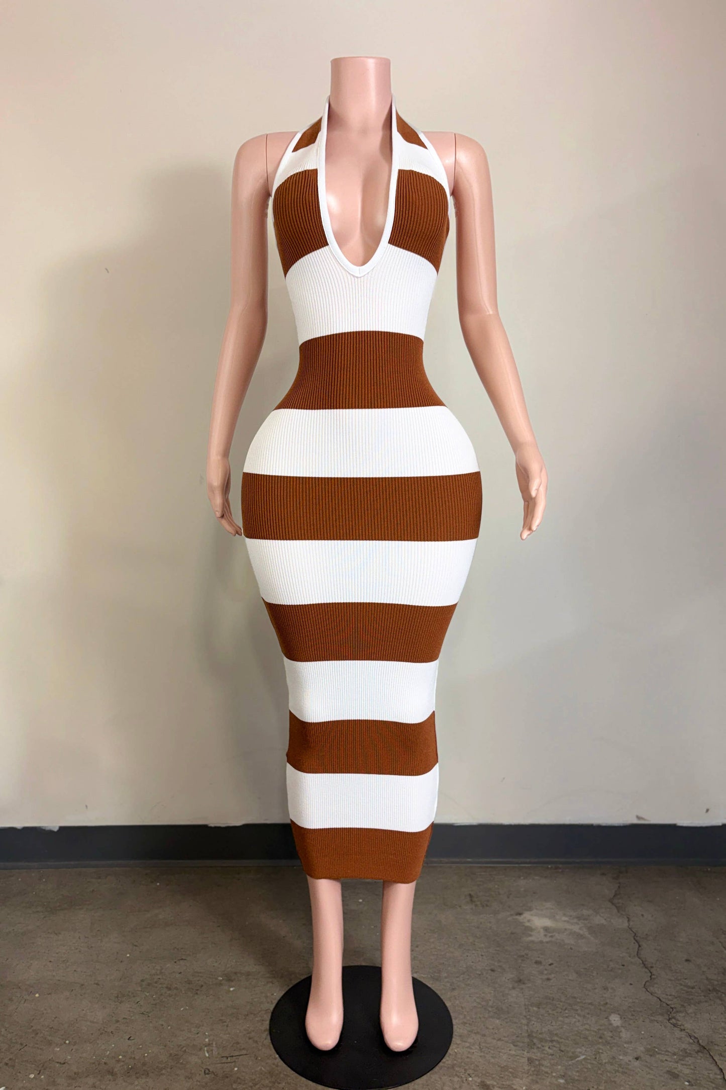 Brown Sugar Maxi Dress featuring brown and white stripes with halter neckline