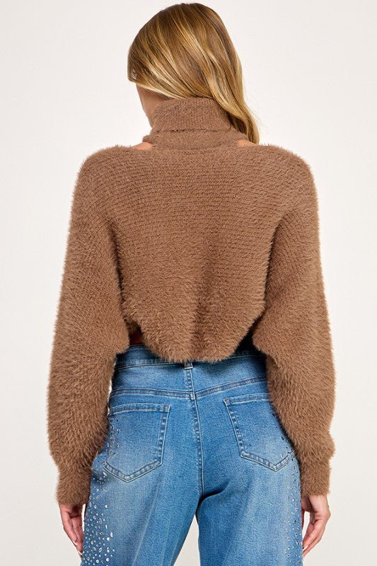 Fuzzy Cutout Turtleneck Sweater - SHE RARE