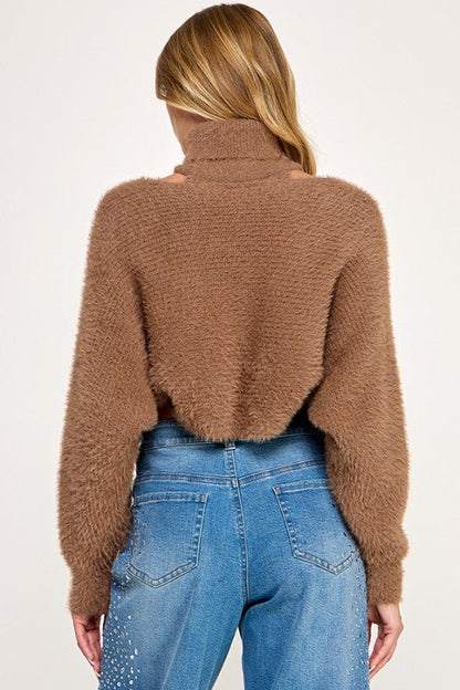 Fuzzy Cutout Turtleneck Sweater - SHE RARE