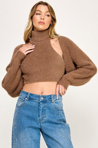 Fuzzy Cutout Turtleneck Sweater - SHE RARE