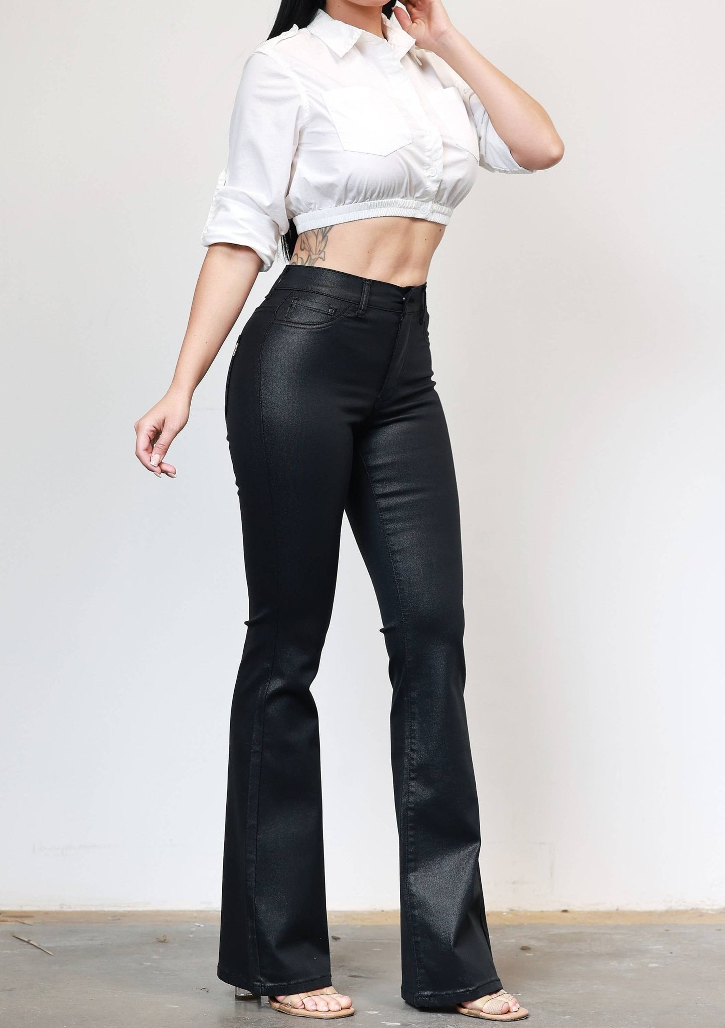 Coated Black Flare Jeans - SHE RARE