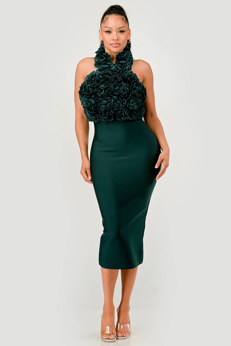 Rose Appliqué Halter Midi Dress - She Rare Boutique