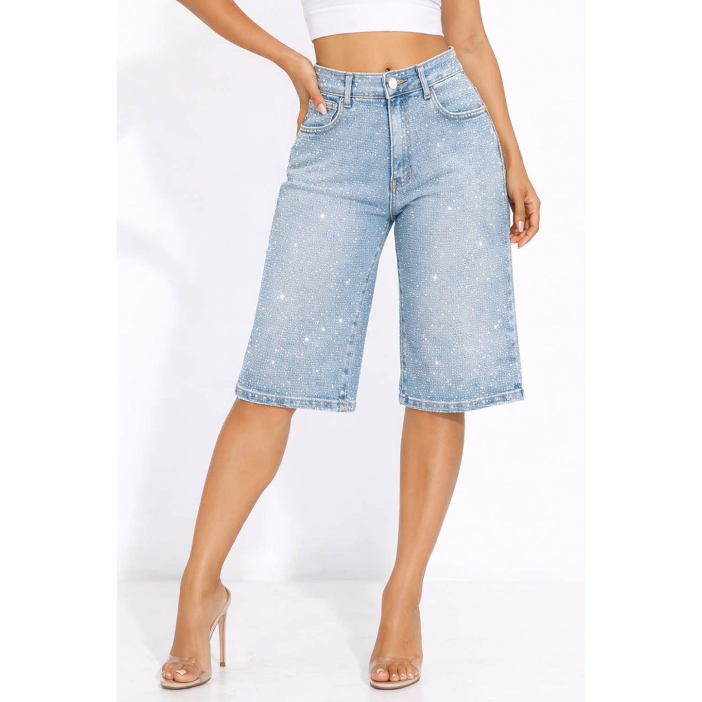 Light wash rhinestone studded denim Bermuda shorts with high waisted relaxed fit