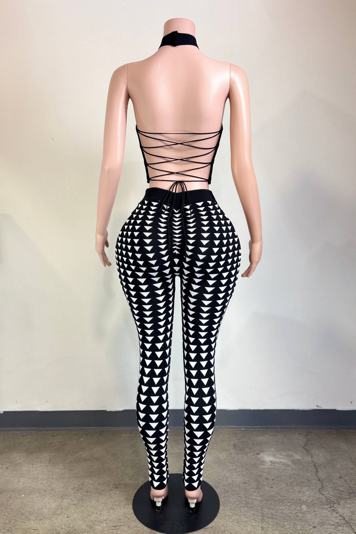 Double Take Set back view, open back with lace-up ties and sculpting jacquard leggings