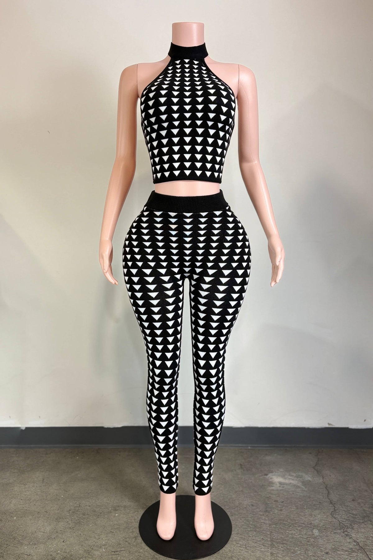 Double Take Set front view, cropped mock neck halter top and high waist bodycon leggings