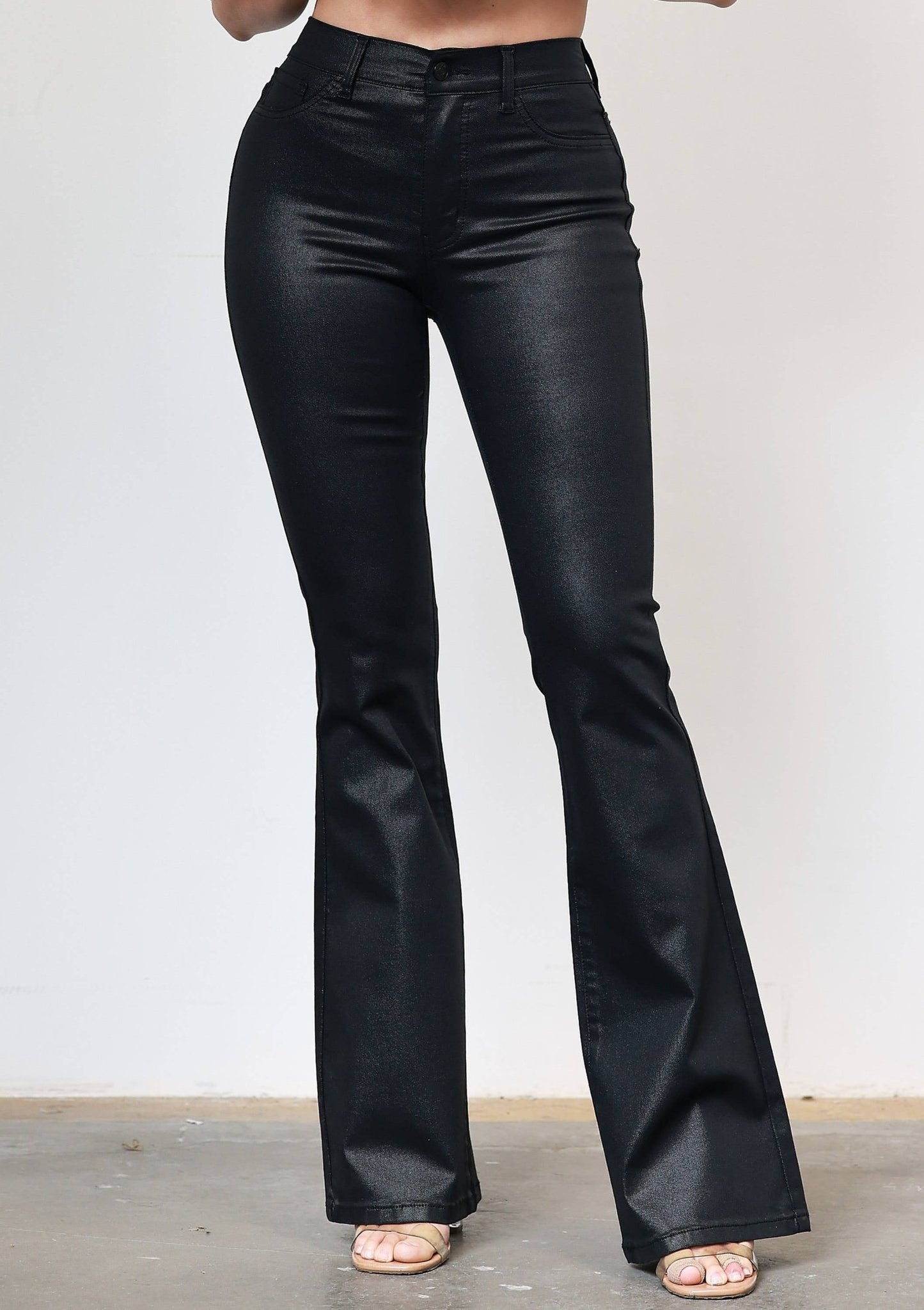 Coated Black Flare Jeans - SHE RARE