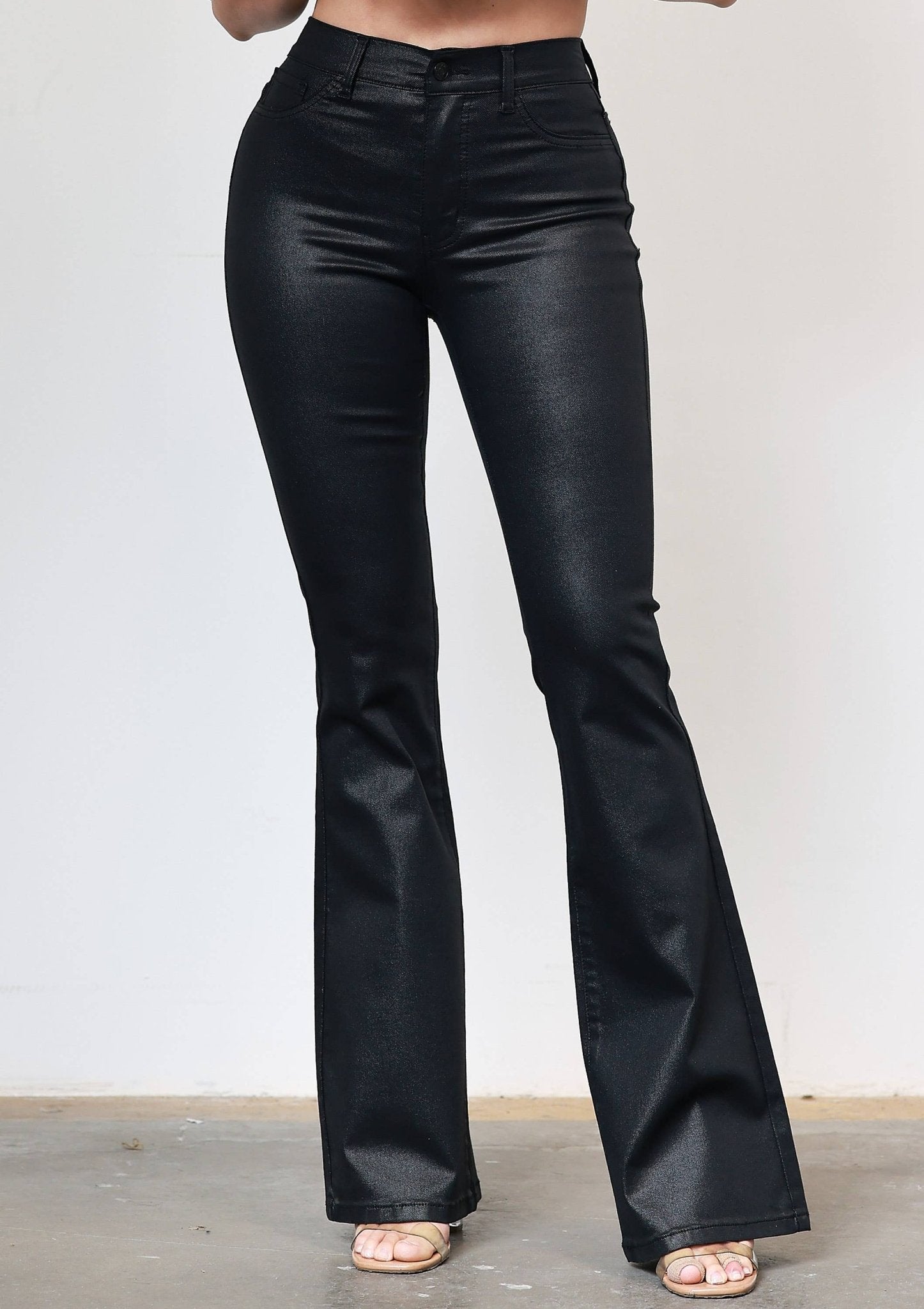 Coated Black Flare Jeans - SHE RARE