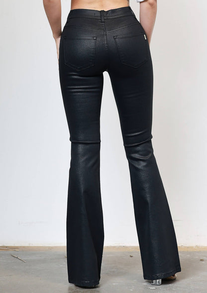 Coated Black Flare Jeans - SHE RARE
