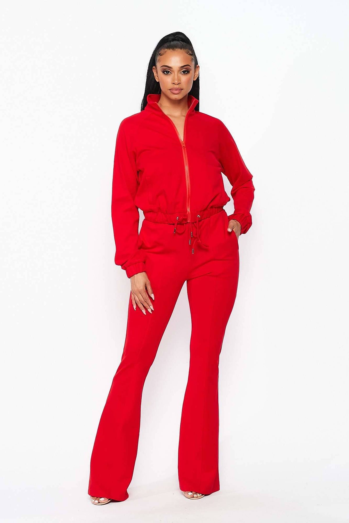 Everyday Motion Set in red with zip-up mock neck jacket and high-rise flare pants