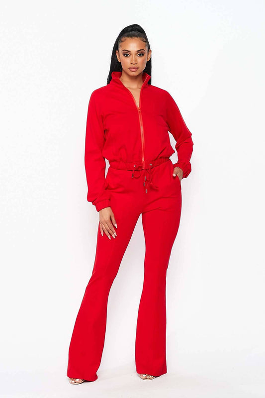 Everyday Motion Set in red with zip-up mock neck jacket and high-rise flare pants
