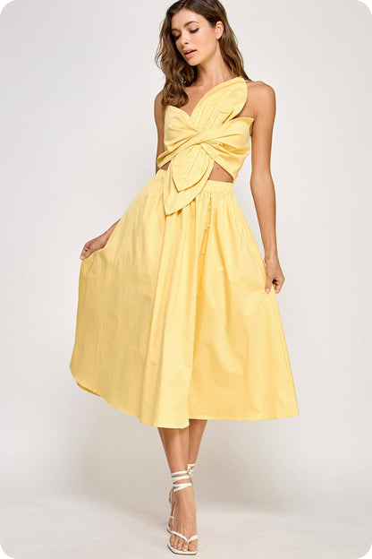 Sunny Days One-Shoulder Bow Midi Dress