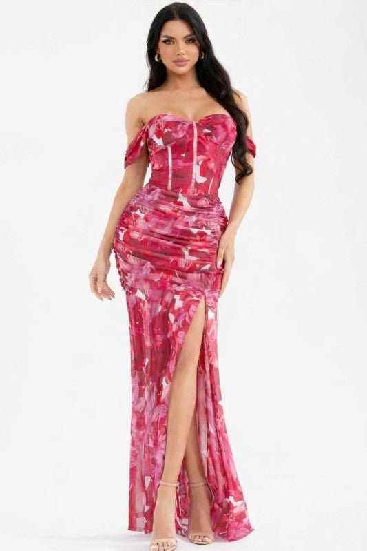 Floral Corset Maxi Dress | Off Shoulder Mesh Dress | She Rare Boutique Floral Corset Maxi Dress | Off Shoulder Mesh Dress | She Rare Boutique