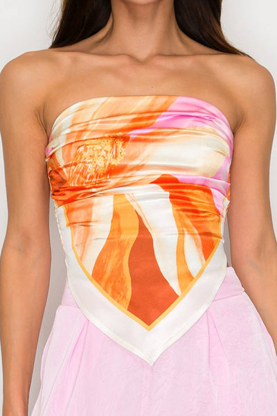 Floral scarf print detail on Golden Petal strapless tube top from She Rare Boutique
