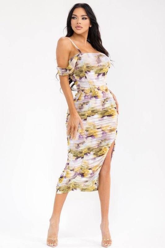Floral Ruched Midi Dress | Off Shoulder Mesh Bodycon Dress Floral Ruched Midi Dress | Off Shoulder Mesh Bodycon Dress