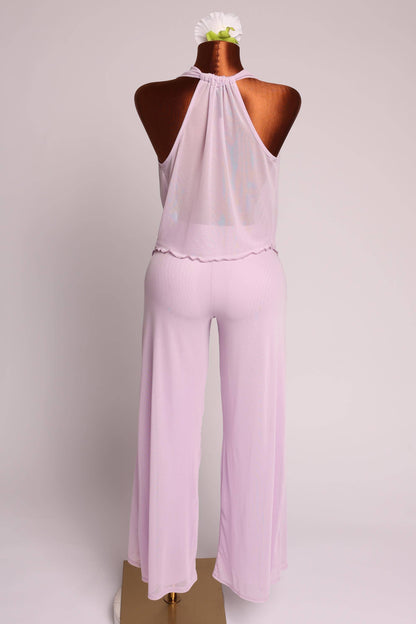 Lilac Escape Pant Set with deep cowl neckline and wide leg pants