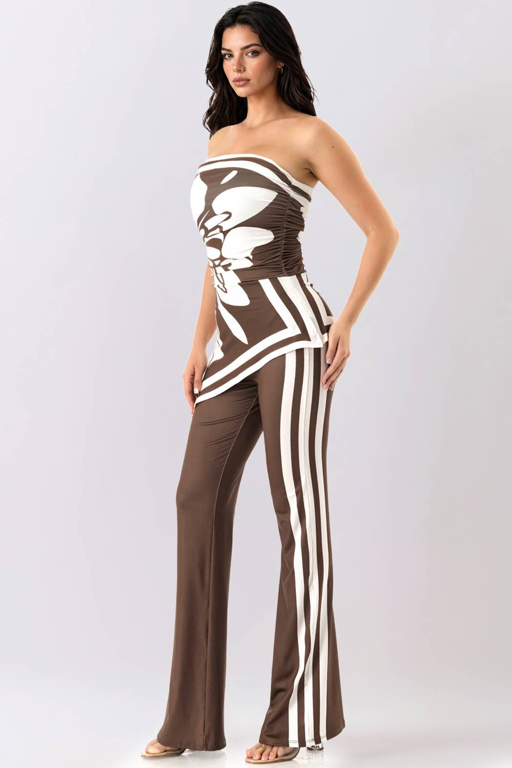 Women's brown and ivory matching pant set with ruched waist detail