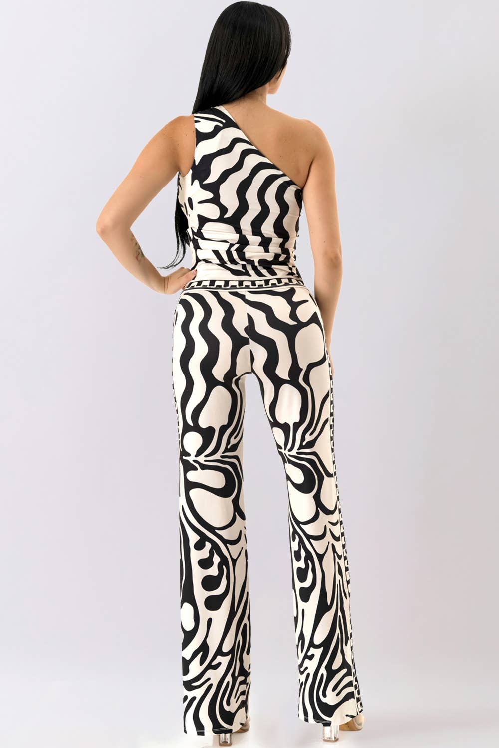 Back view of Monaco Print Pant Set with wide leg pants