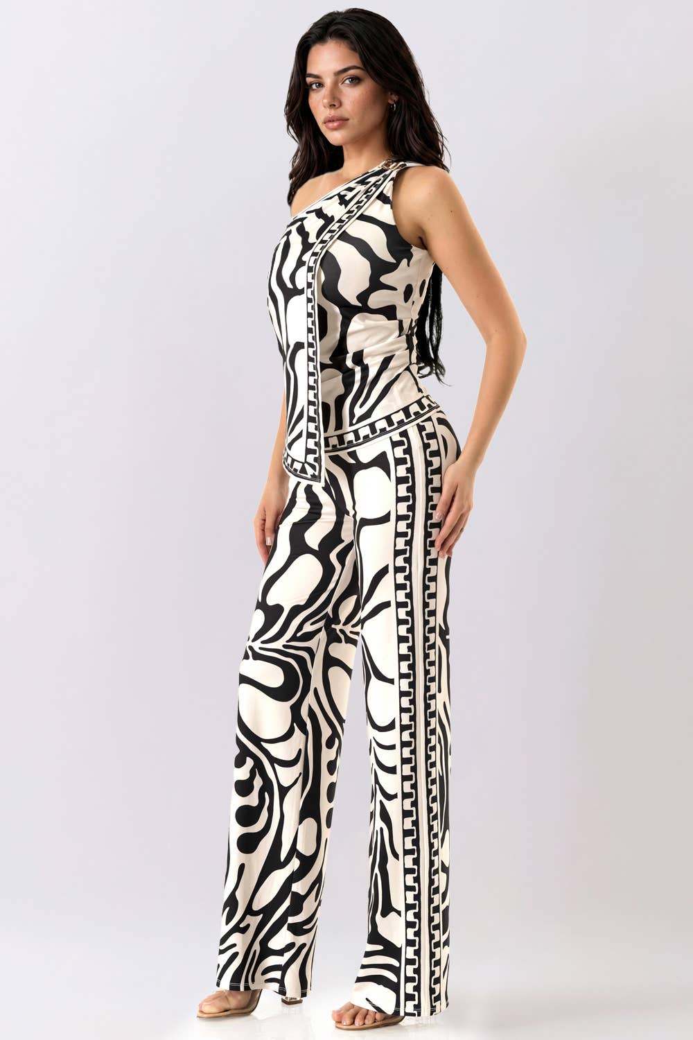 Gold chain strap and scarf overlay detail on one shoulder pant set