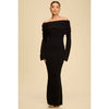 Model wearing the Noir Off-Shoulder Knit Sweater Dress in black
