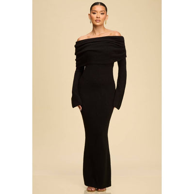 Model wearing the Noir Off-Shoulder Knit Sweater Dress in black
